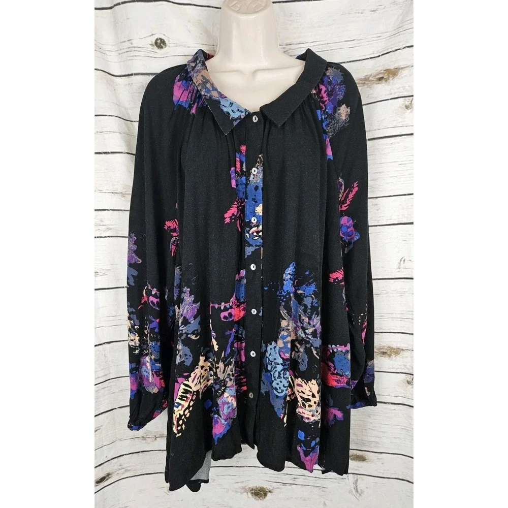 Free People Black Floral Butterflies Swing Tunic Top L Boho Whimsical Mini Dress